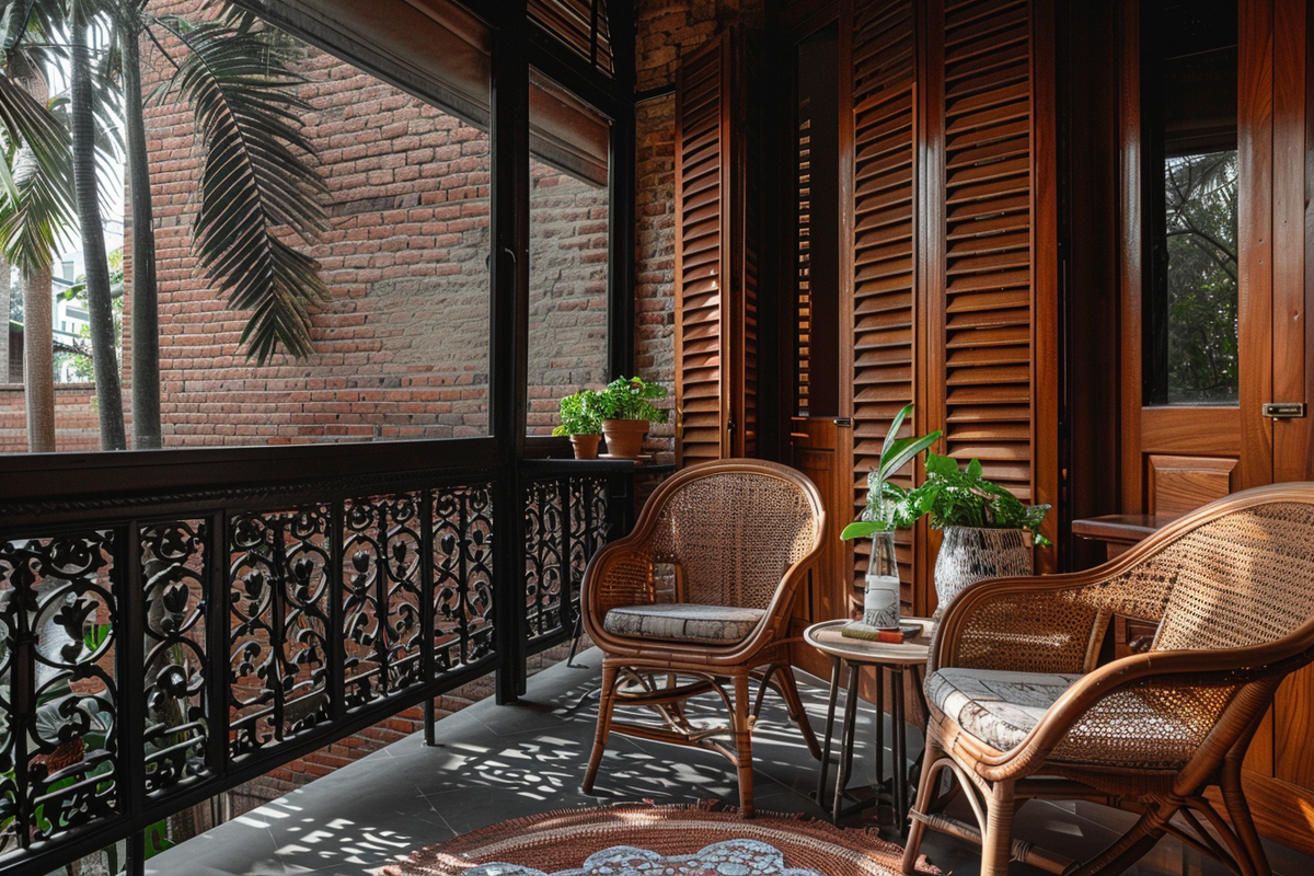 Vintage Balcony Design With Wooden Fluted Panelling And Red Brick Wall