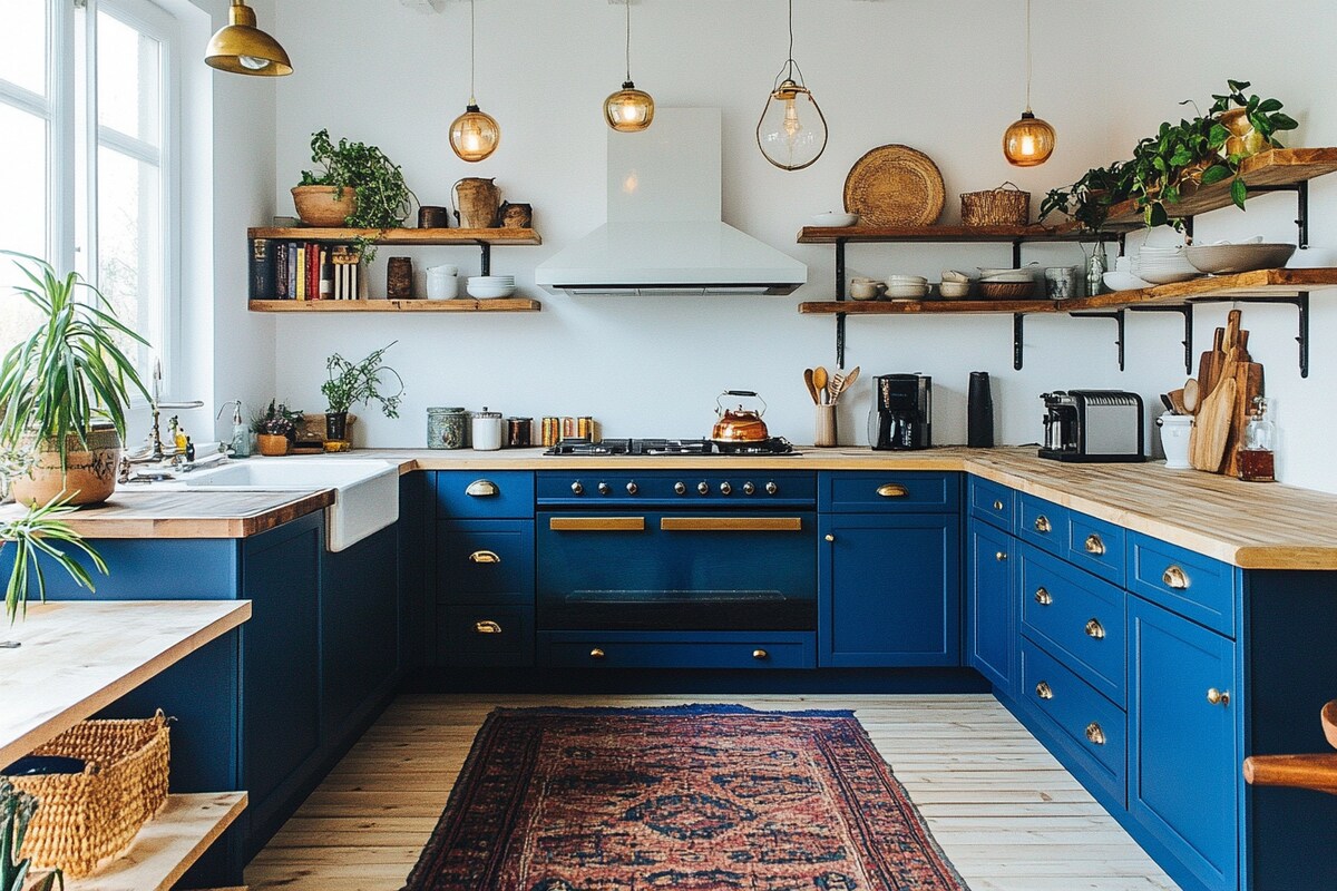 Contemporary L-Shaped Kitchen Design with Bold Blue Cabinets