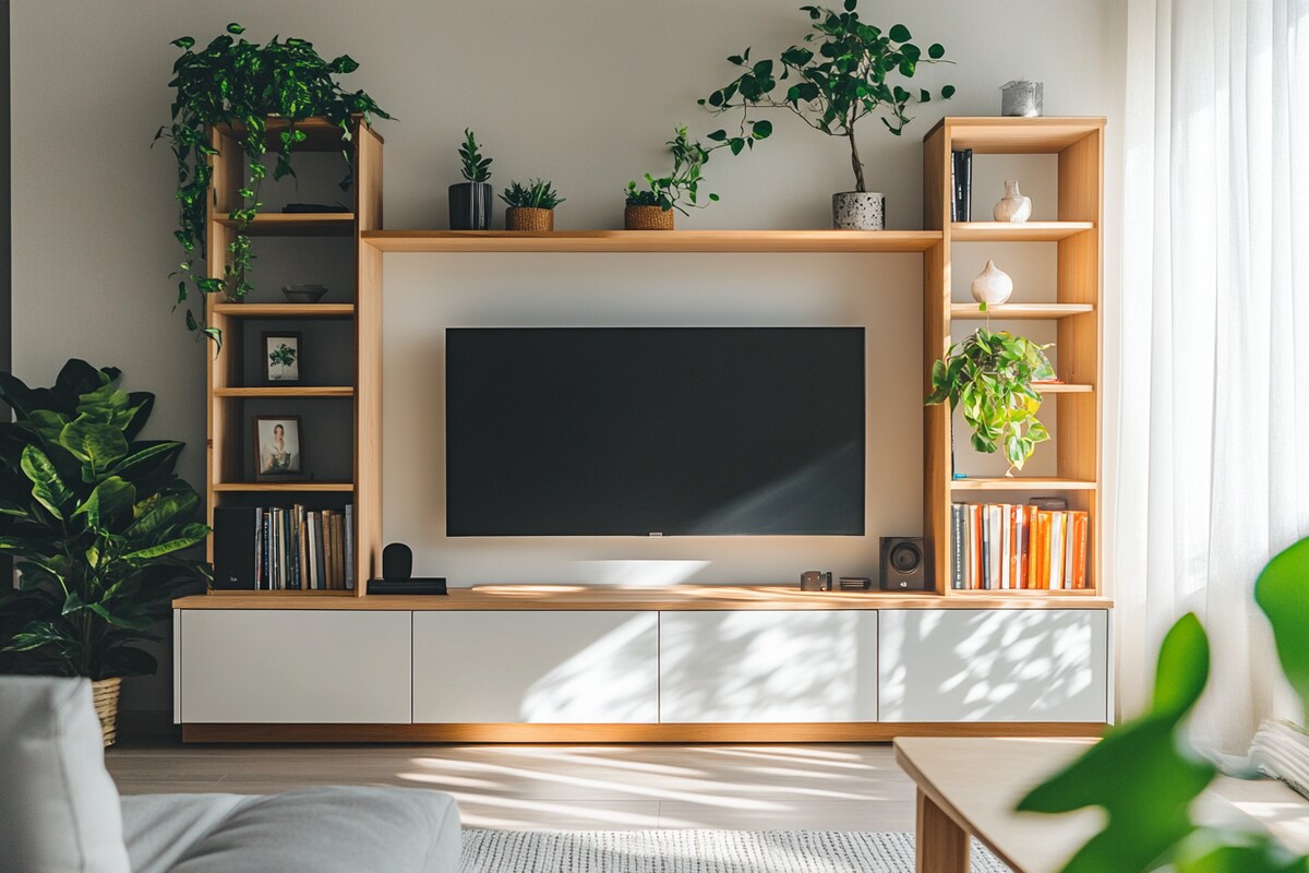 Contemporary Wall-Mounted White and Wood TV Console with Tall Open Storage Unit