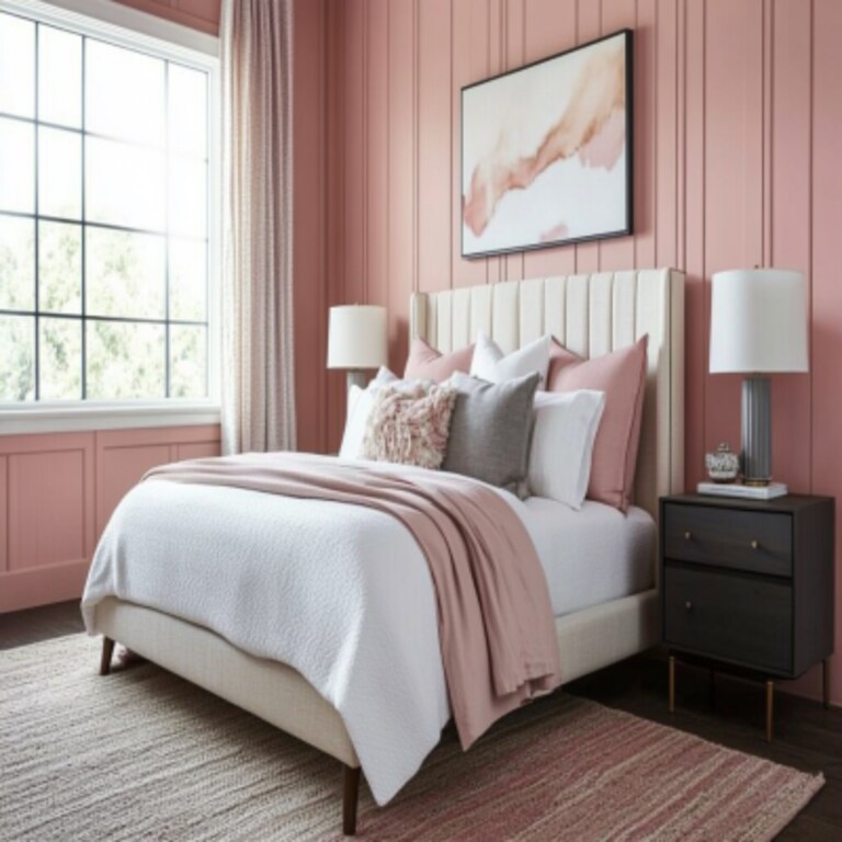 Contemporary Pink Bedroom Wall Paint Design With Fluted Panels