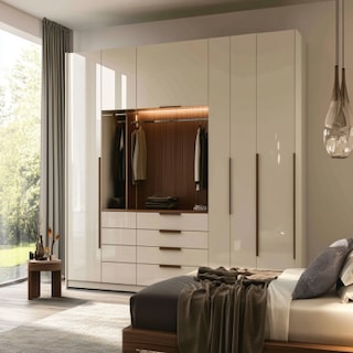 Modern Frosty White Open Wardrobe Design With Drawers And Racks