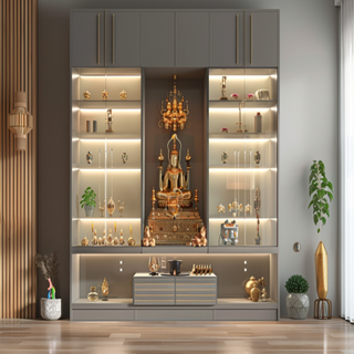 Modern Mandir Design With Grey Cabinets And Glass Storage