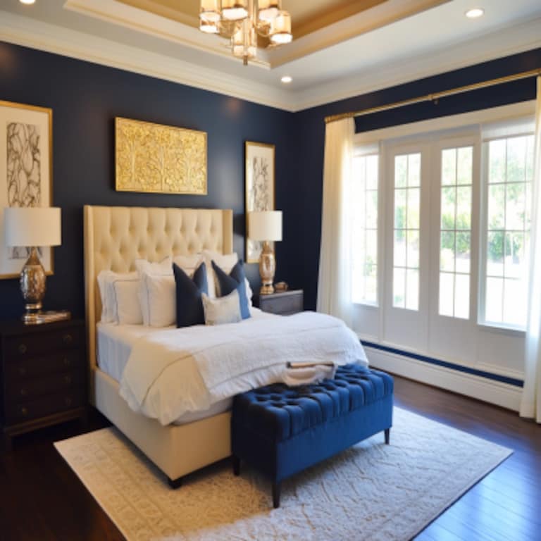 Modern Blue And White Master Bedroom Design With Gold Floral Wall Decor