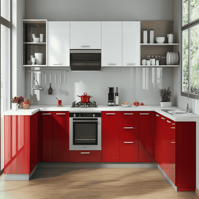 Modern L-Shaped Kitchen Design with Red and White Units