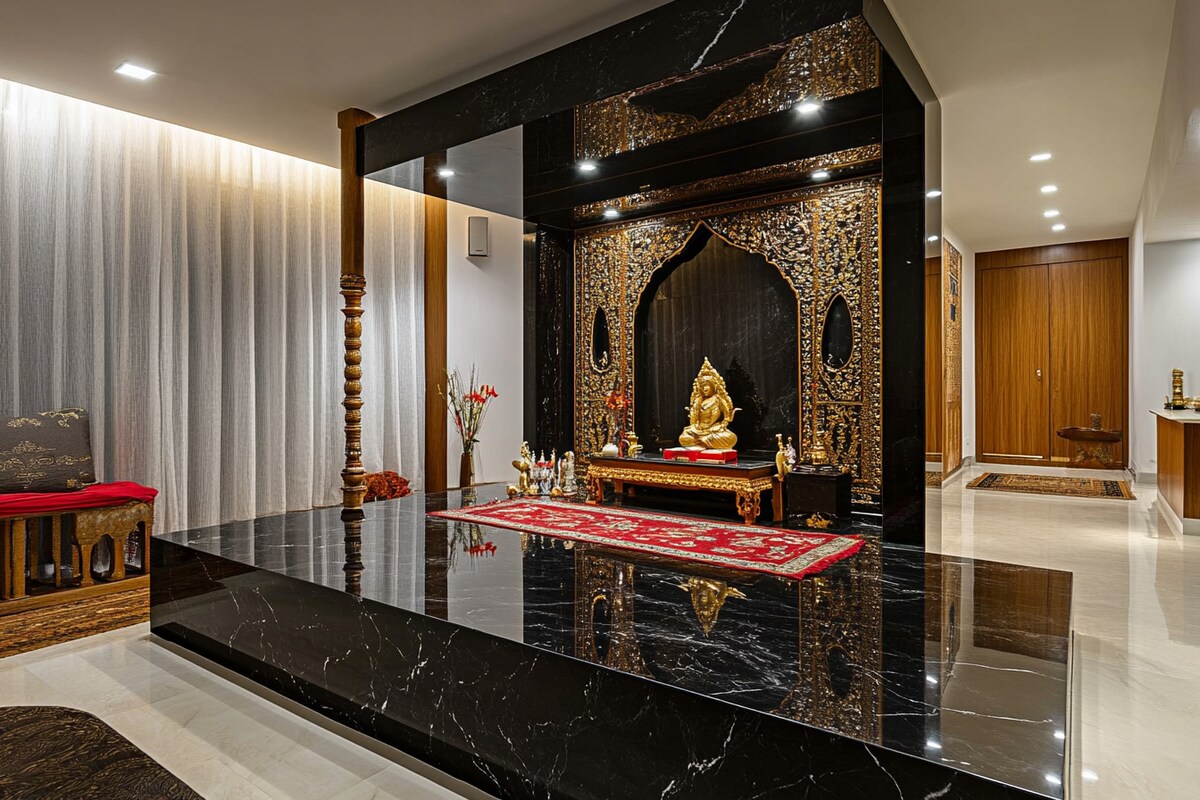 Modern Pooja Mandir Design With A Black Marble Countertop