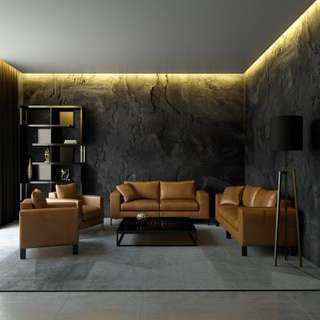 Industrial Living Room Design Showcasing Cove Lighting and Leather Couch