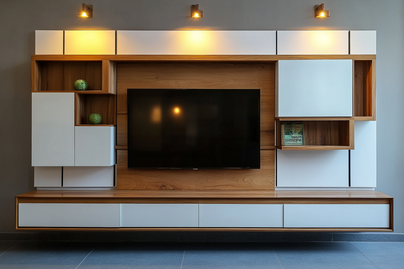 MidCentury Modern TV Unit Design With White And Wood WallMounted Unit