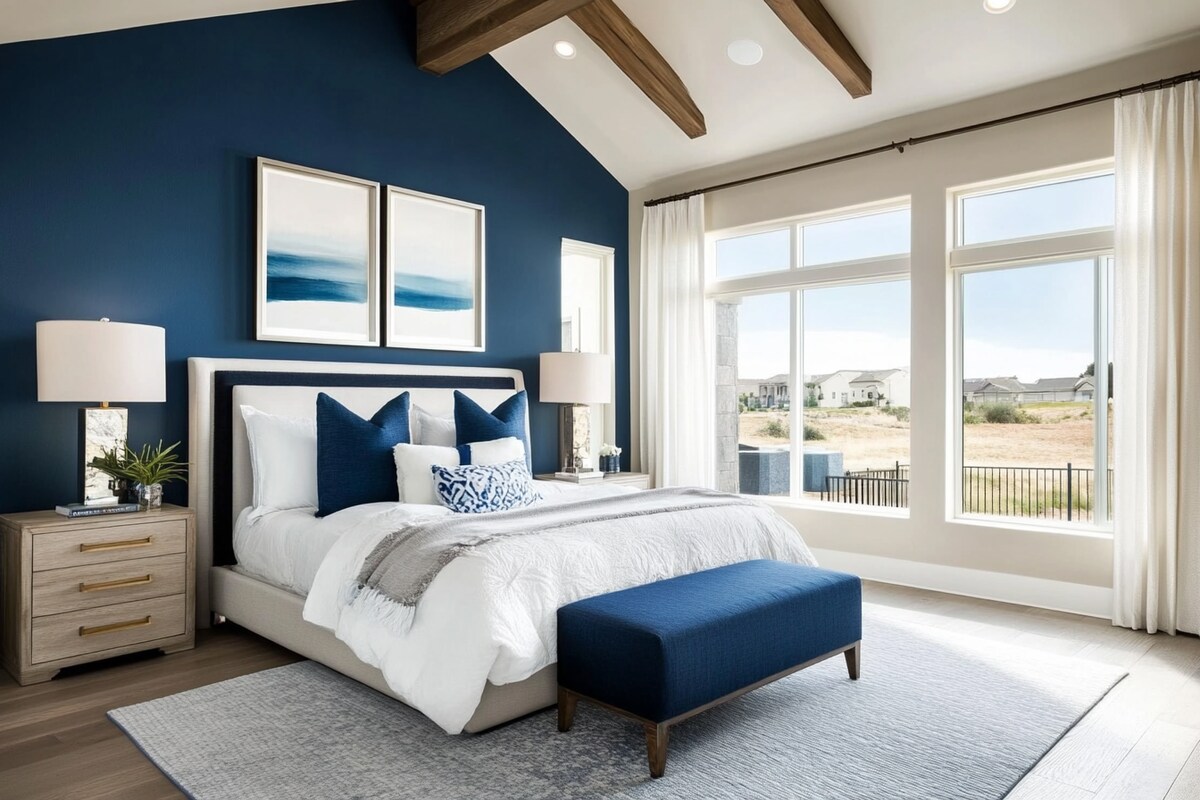 Contemporary Master Bedroom Design With Blue Accent Wall