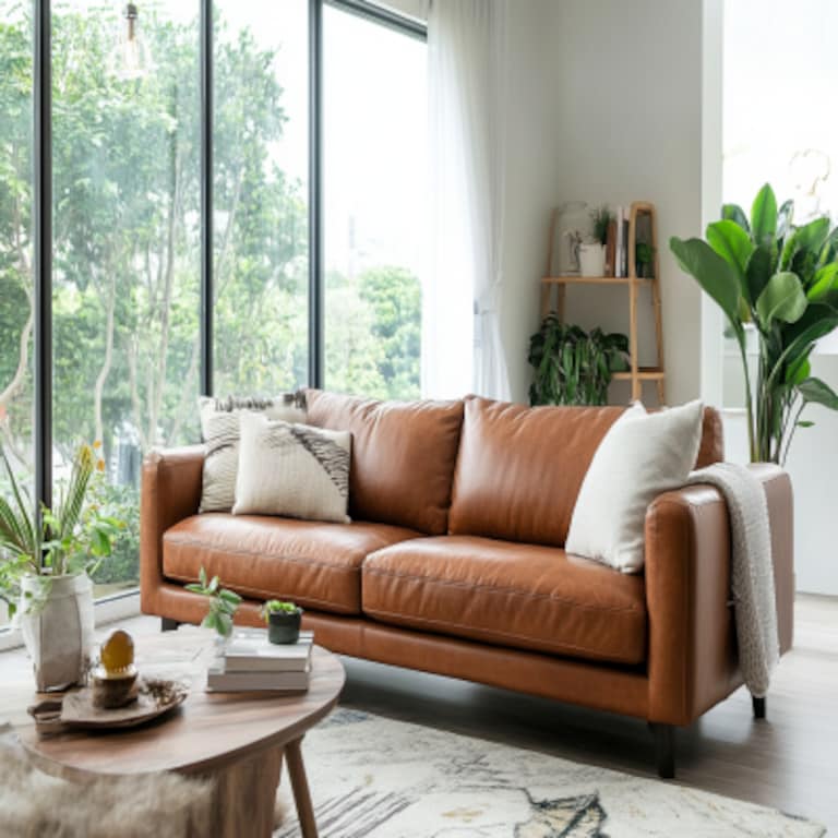 Contemporary Living Room Design With Brown Leather Sofa