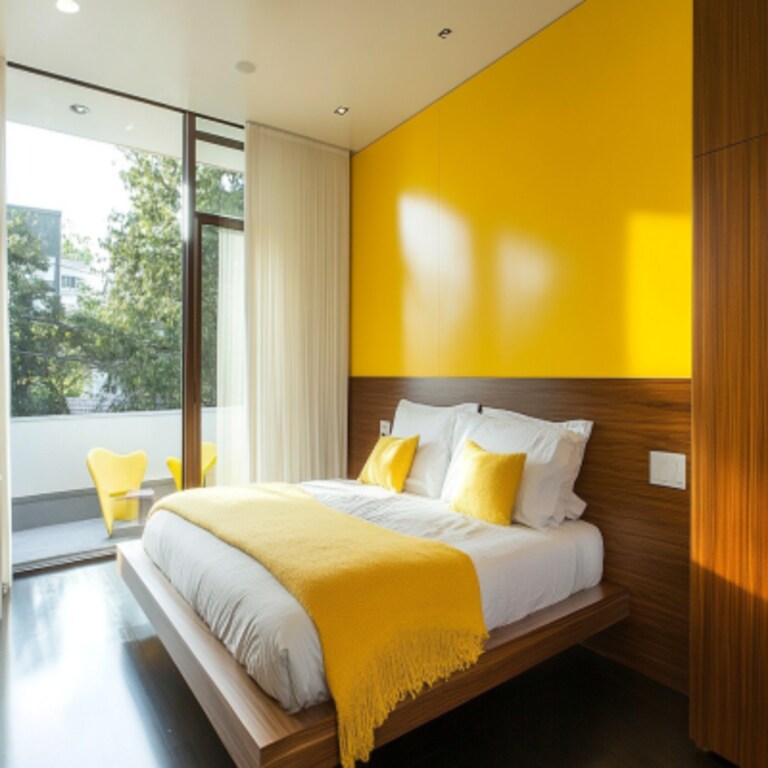 Modern Yellow Bedroom Wall Paint Design With Wooden Wall Panel