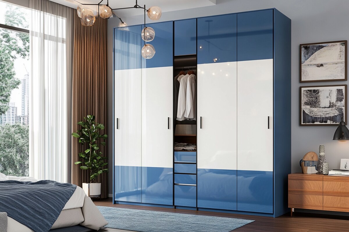 Contemporary 4 Door Swing Wardrobe Design In Blue And White Contemporary 4 Door Swing Wardrobe Design In Blue And White