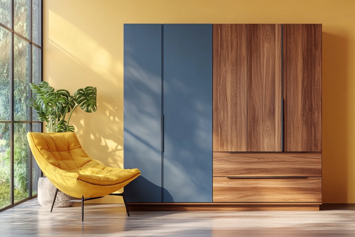 Modern Blue And Wood 4-Door Swing Wardrobe Design