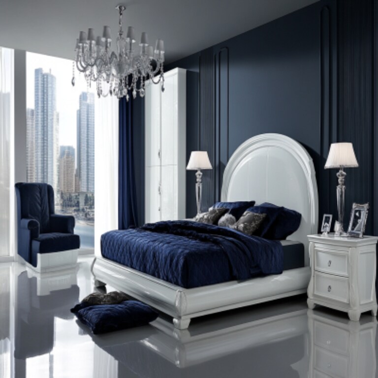 Modern Master Bedroom Design With Dark Blue And White Storage Units