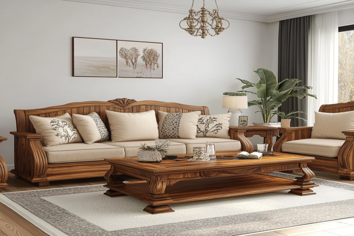 Traditional Living Room Design With Wooden Sofa Set And Wooden Coffee Table