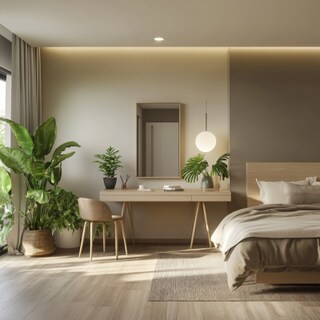 Modern Master Bedroom Design With Vanity Desk and Plants