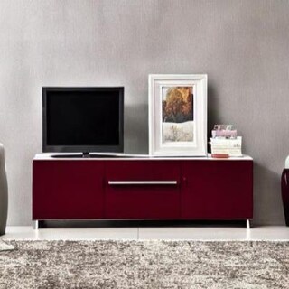 Modern TV Unit Design in Beige and Maroon Laminate