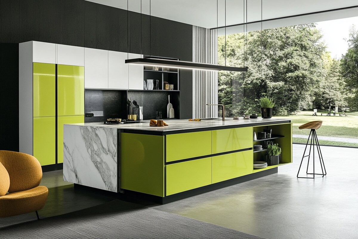 Modern Modular Lime Green And White Island Kitchen Design With Marble Kitchen Countertop