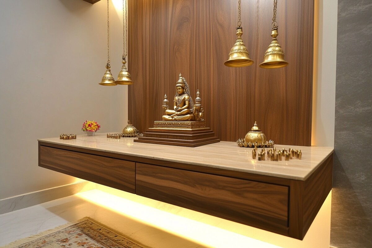 Modern Pooja Mandir Design With A Wooden Countertop