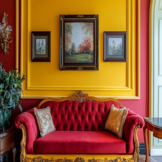 Classic Yellow And Red Wall Paint Design With Wall Frames