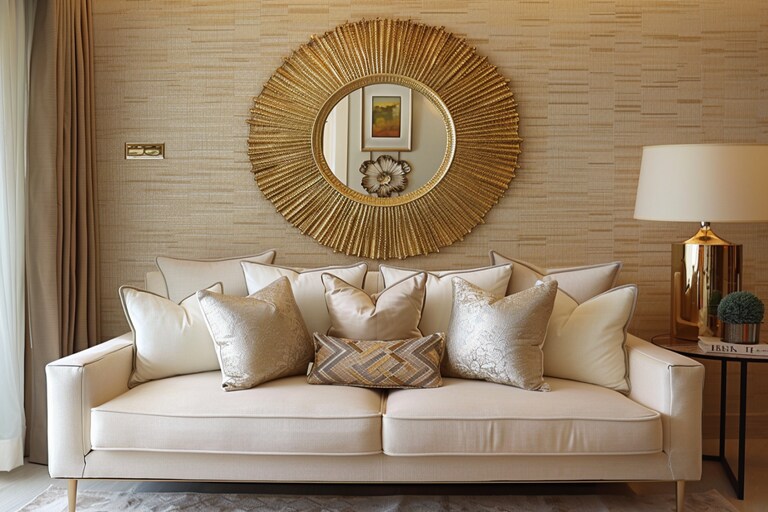 Contemporary Living Room Design With Beige Textured Wall And Gold Mirror - Contemporary Living Room Design With Textured Elements