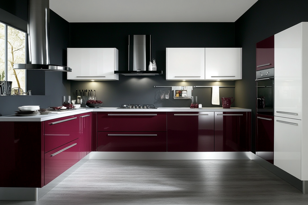 Modern White And Dark Red Modular L-Shaped Regalia Kitchen Design