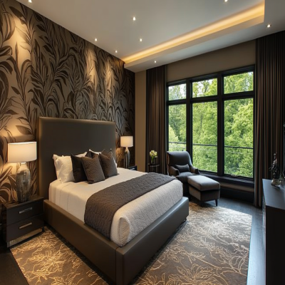 Modern Master Bedroom Design With Leaf-Patterned Wallpaper