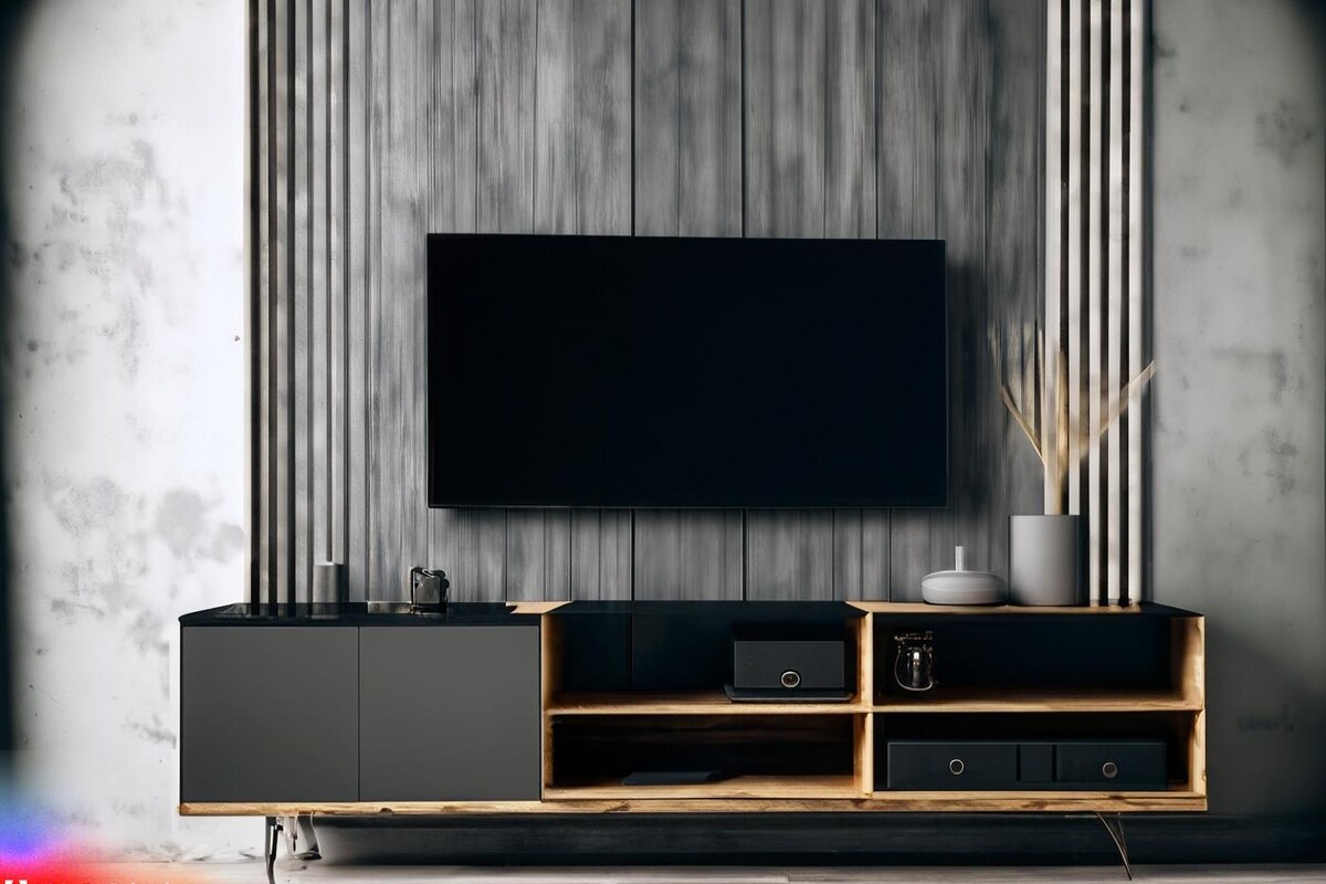Modern Industrial TV Unit Design Grey Laminate Modern Industrial TV Unit Design Grey Laminate