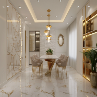 Contemporary 6-Seater White And Gold Dining Room Design With Integrated Mandir Unit