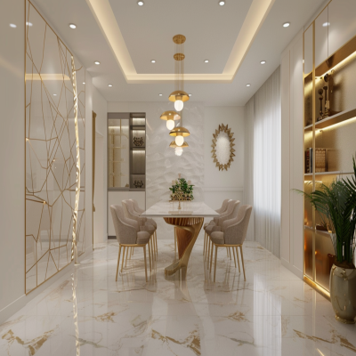 Contemporary 6-Seater White And Gold Dining Room Design With Integrated Mandir Unit