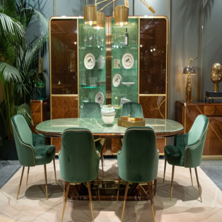Contemporary Green And Gold Dining Room Design With Tall Crockery Unit Contemporary Green And Gold Dining Room Design With Tall Crockery Unit