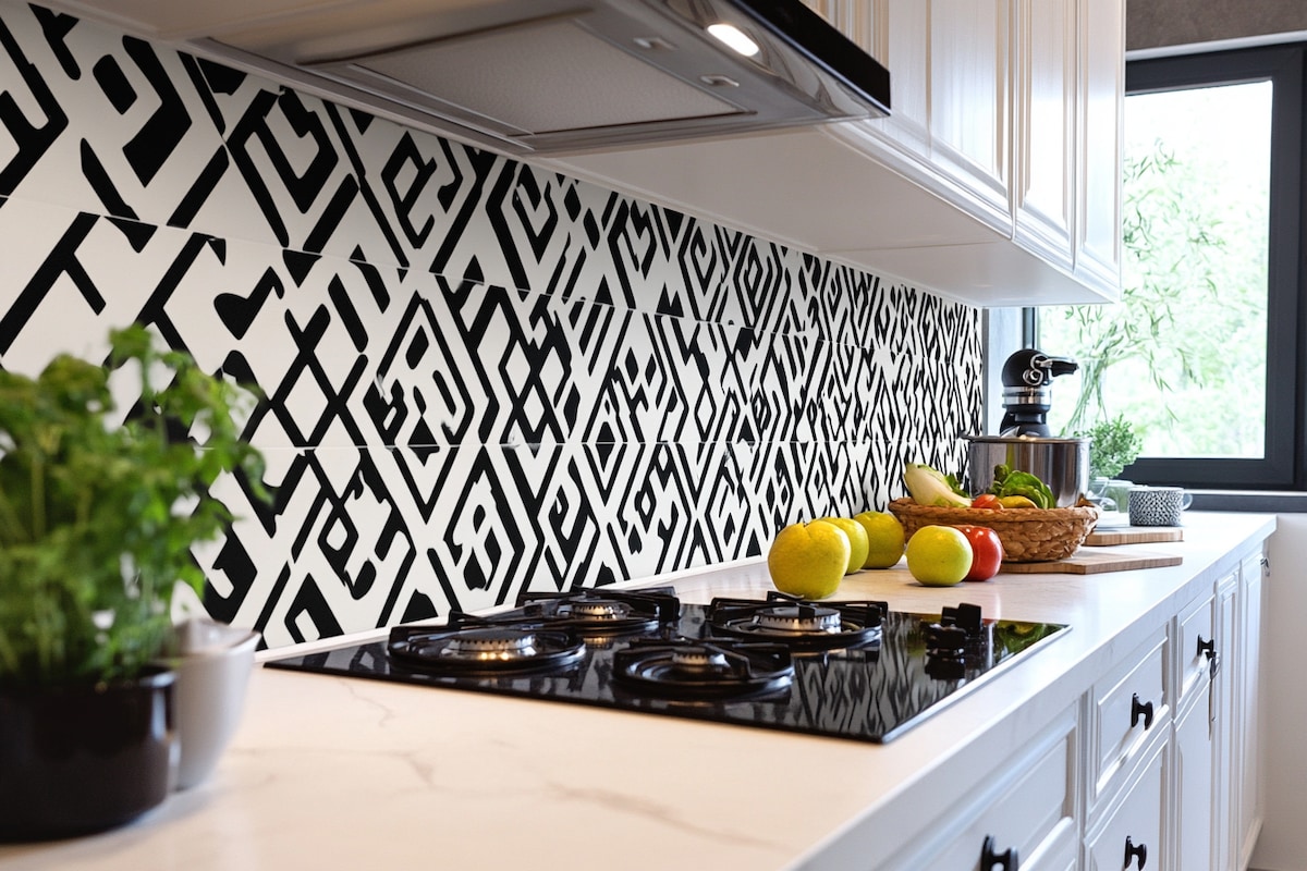 White and Black Geometric Ceramic Tiles Design for Kitchen