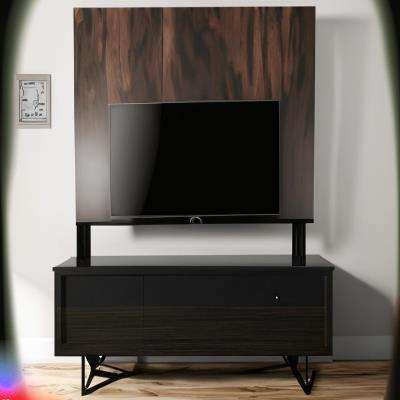 Rustic TV Unit Design in Black Laminate with Wooden Floor