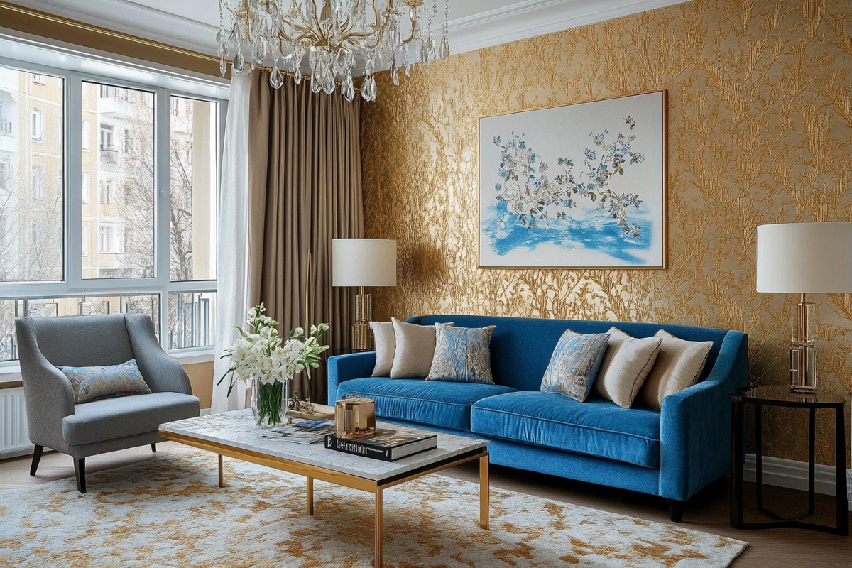 Contemporary Living Room Design With Beige And Gold Textured Wallpaper And Blue Sofa