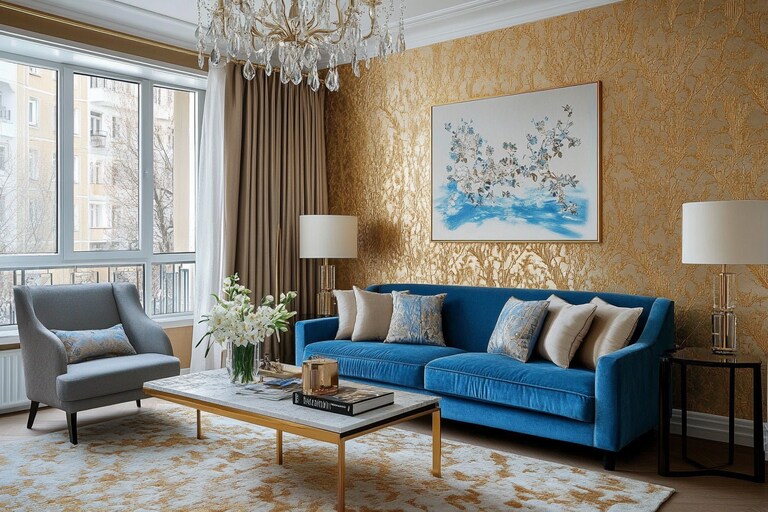 Contemporary Living Room Design With Beige And Gold Textured Wallpaper ...