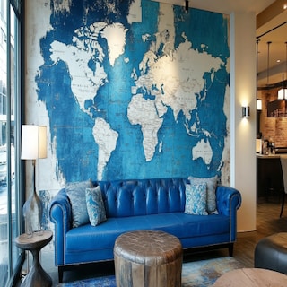 Modern Living Room Wall Design With Blue-White World Map Wallpaper