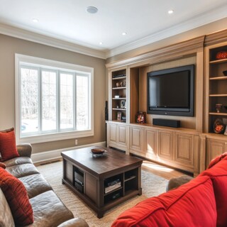 Contemporary Beige And Red Living Room Design With TV Unit