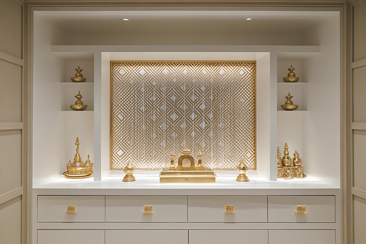Contemporary Pooja Room Design in White with Luxe Gold Accents Contemporary Pooja Room Design in White with Luxe Gold Accents