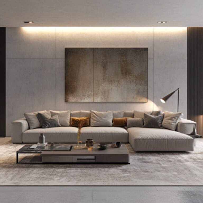 Contemporary Living Room Design With L-Shaped Grey Sofa