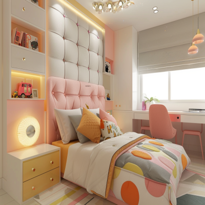 Modern Kids Room Design For Girls With Dual-Toned Headboard And White Study Table