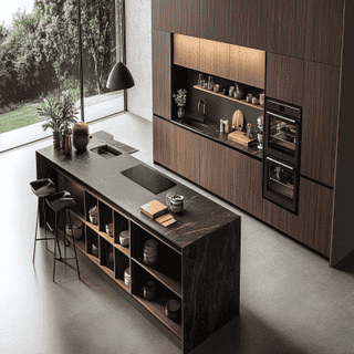 Contemporary Dark Citrus Island Kitchen Design With Storage Units