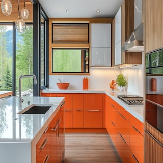 Modern L-Shaped Kitchen Design with White and Tangerine Orange Cabinets