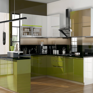 Modern Modular L-Shaped Kitchen Design With Black Glossy Kitchen Countertop