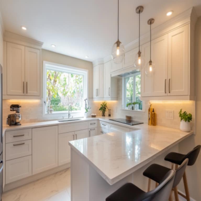 Modern L-Shaped Kitchen Design with White Units and Marble Countertop