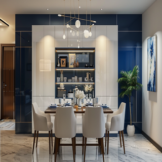 Contemporary 4-Seater White And Dark Blue Dining Room Design With White Crockery Unit