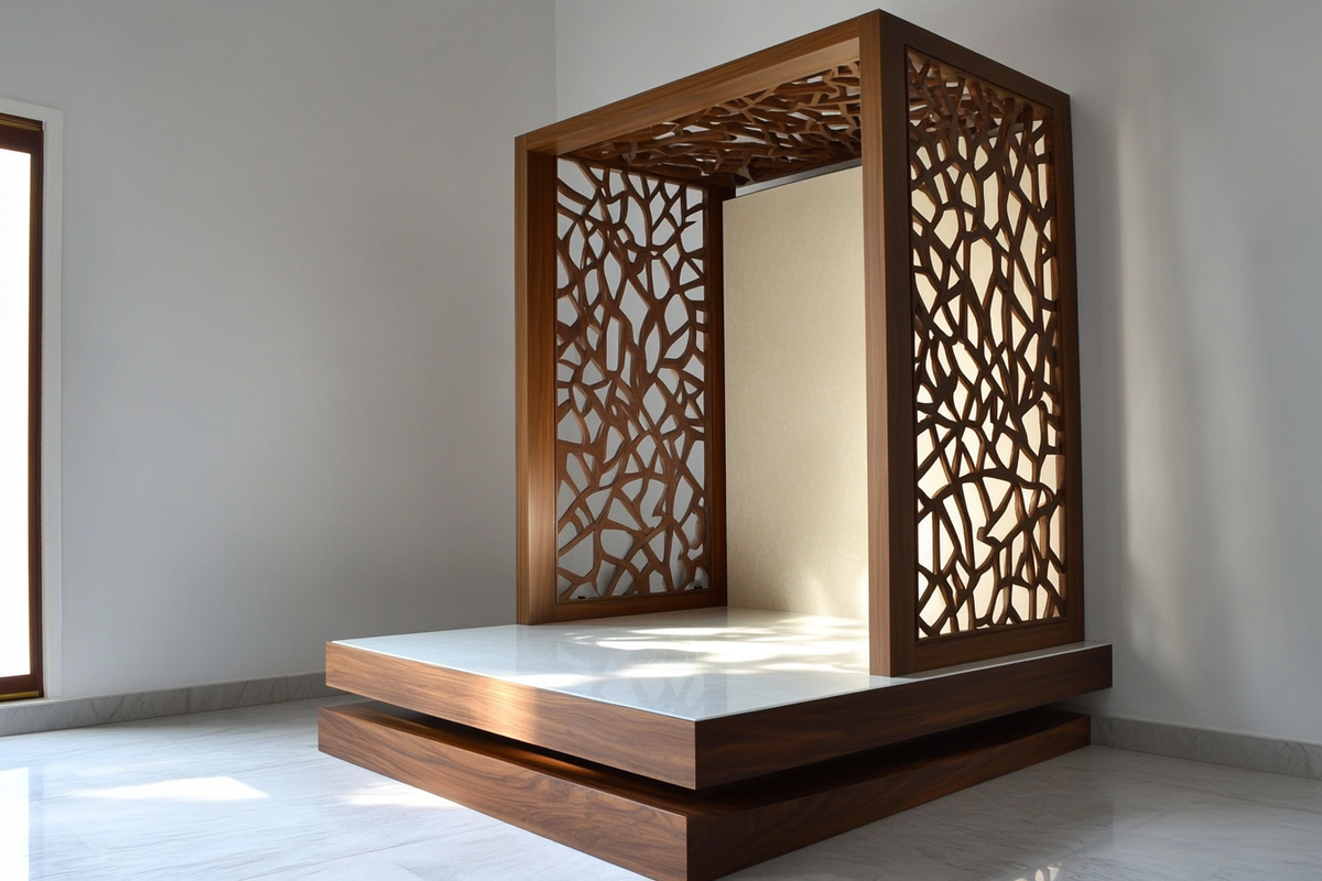 Contemporary Wood And White Floor-Mounted Mandir Design With CNC-Cut Panel