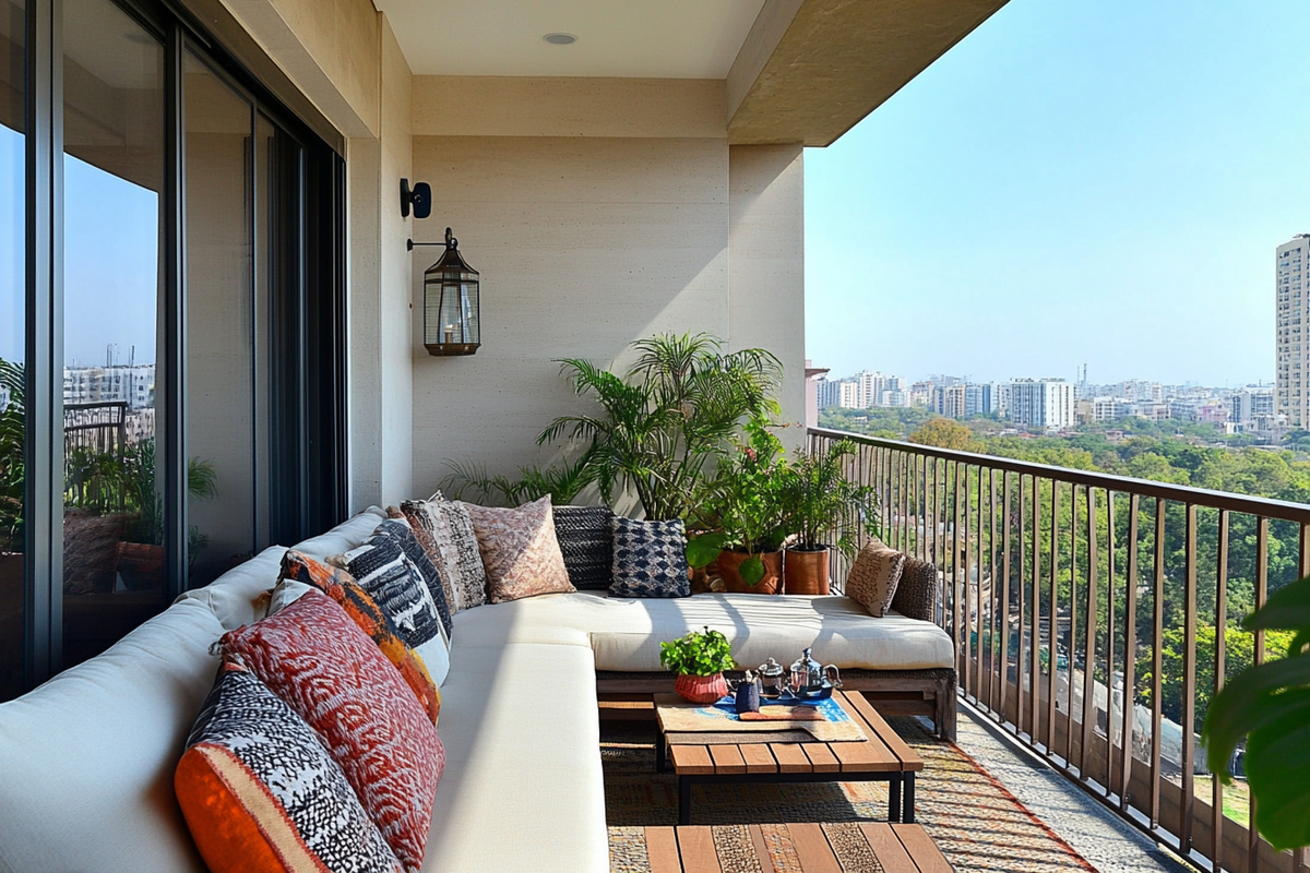 Contemporary Balcony Design with Solid Off-White Wall and Stylish Furnishings