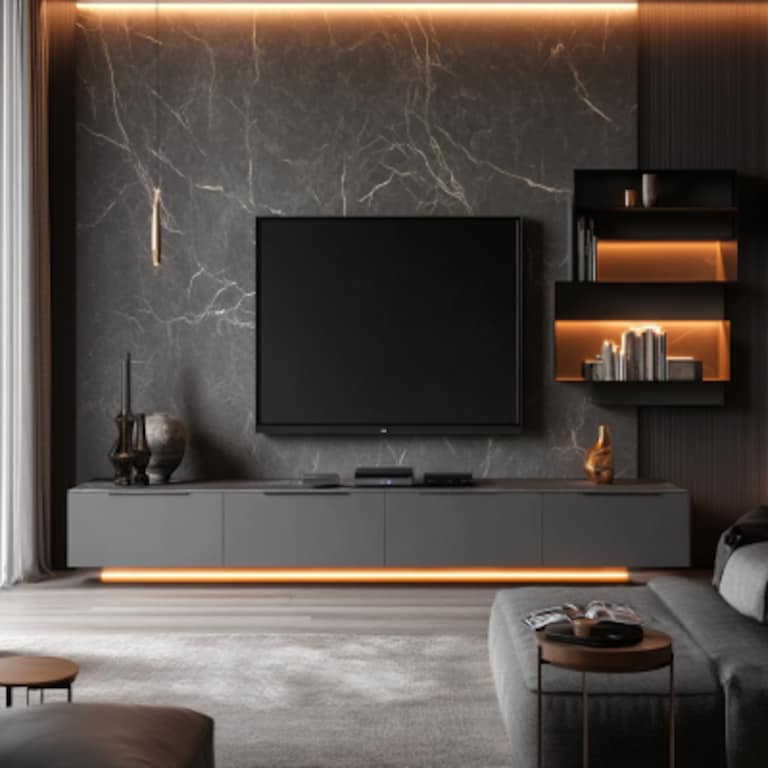 Contemporary Smoke Grey TV Unit Design With Marble Accent Wall