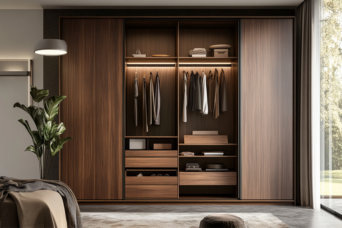 Modern 4-Door Wooden Wardrobe Design With Open Storage Niche