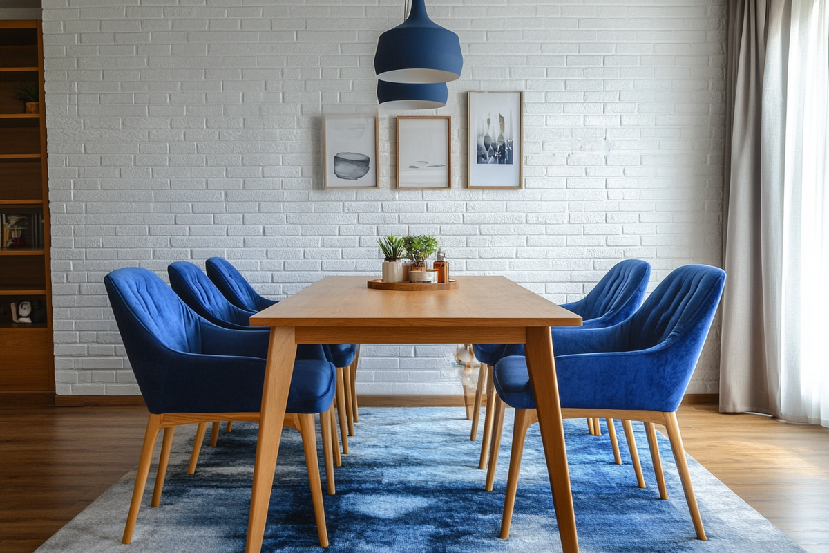 Modern Blue And Wood 4-Seater Dining Room Design With White Brick Accent Wall