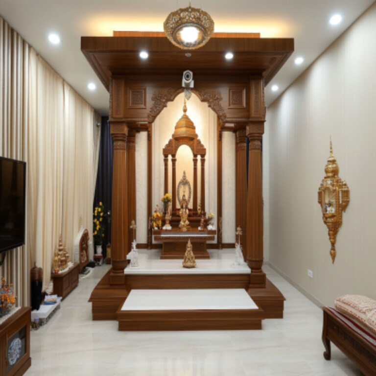 Spacious Mandir Design With Walnut Laminate